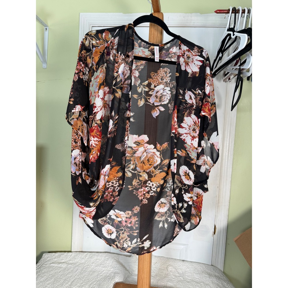 Xhilaration Floral Kimono Wrap Sheer Black Chiffon Open Front Cardigan XS/S